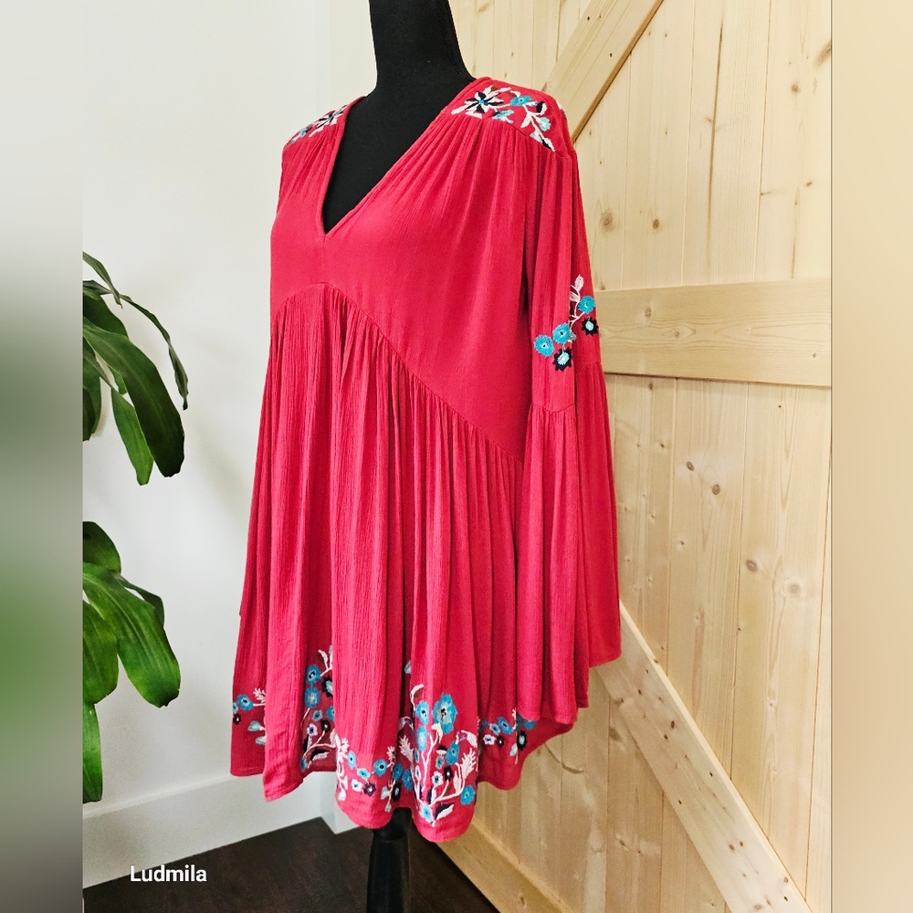 FREE PEOPLE Women's Size XS Red Combo Embroidered Long-Sleeve Blouse‎ - Picture 5 of 10